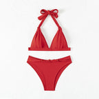 Exclusive Women's Lace-up Halterneck Split Beach Bikini — Red — Size L — Top View