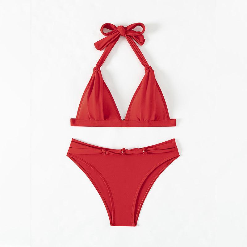 Exclusive Women's Lace-up Halterneck Split Beach Bikini — Red — Size L — Top View