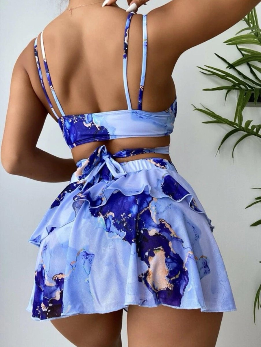 Exclusive Women's Marble Printed Three-piece Set Bikini — Blue — Size L — Detail View