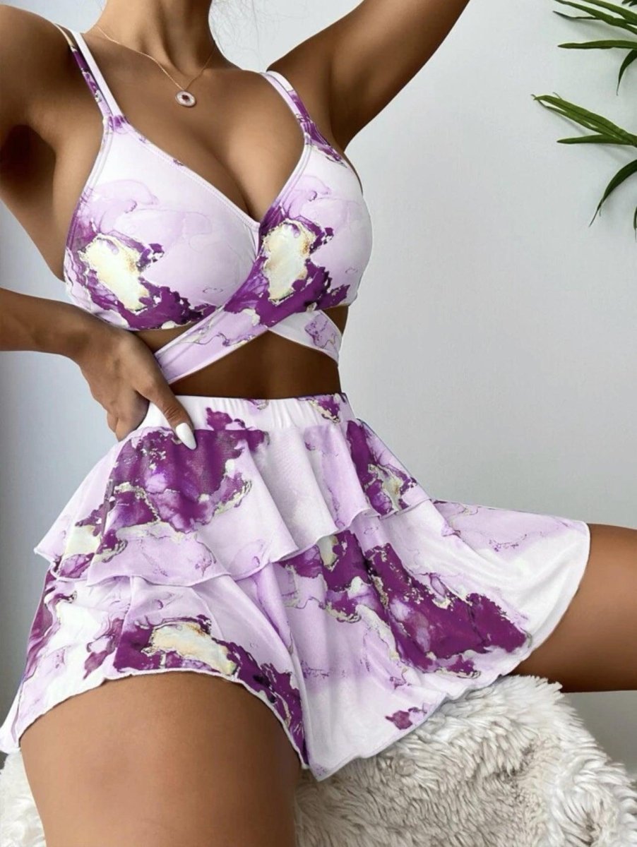 Exclusive Women's Marble Printed Three-piece Set Bikini — Blue — Size L — Alternate View 8