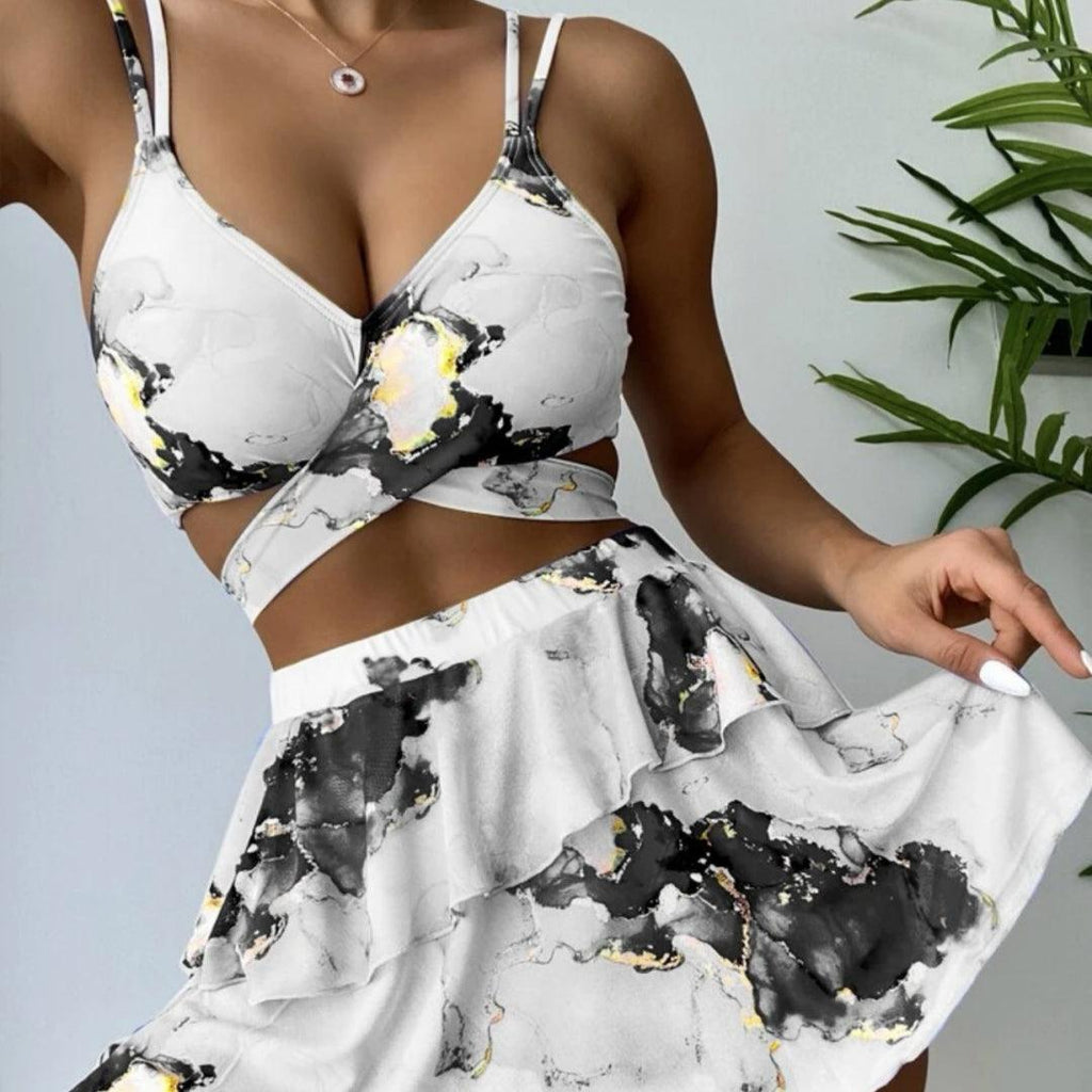 Exclusive Women's Marble Printed Three-piece Set Bikini — Blue — Size L — Front View