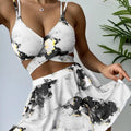Exclusive Women's Marble Printed Three-piece Set Bikini — Blue — Size L — Front View