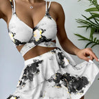 Exclusive Women's Marble Printed Three-piece Set Bikini — Blue — Size L — Front View