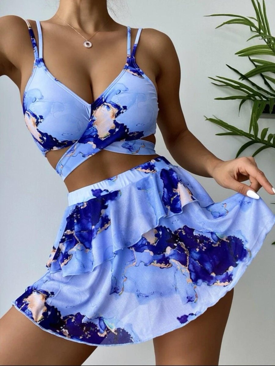 Exclusive Women's Marble Printed Three-piece Set Bikini — Blue — Size L — Back View