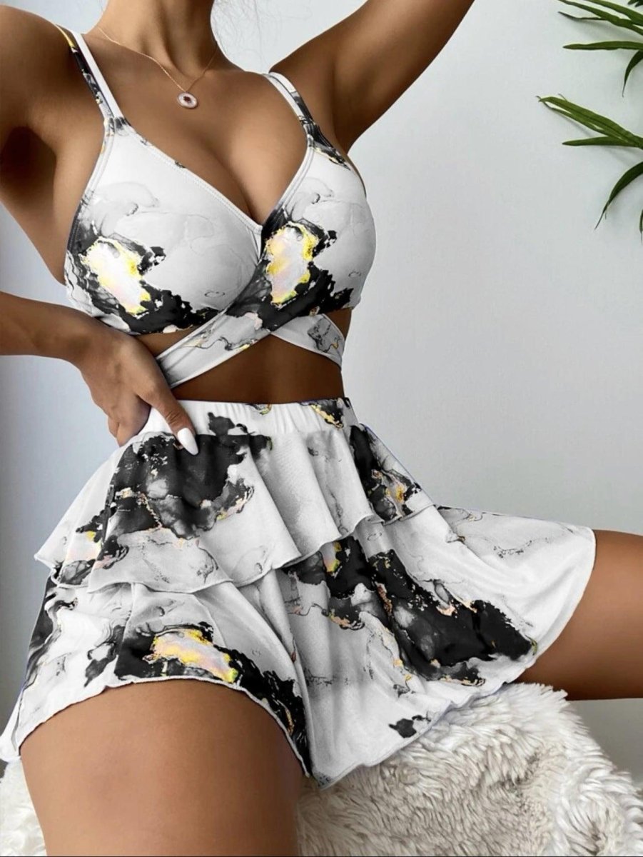 Exclusive Women's Marble Printed Three-piece Set Bikini — Blue — Size L — Alternate View 9