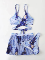 Exclusive Women's Marble Printed Three-piece Set Bikini — Blue — Size L — Lifestyle View