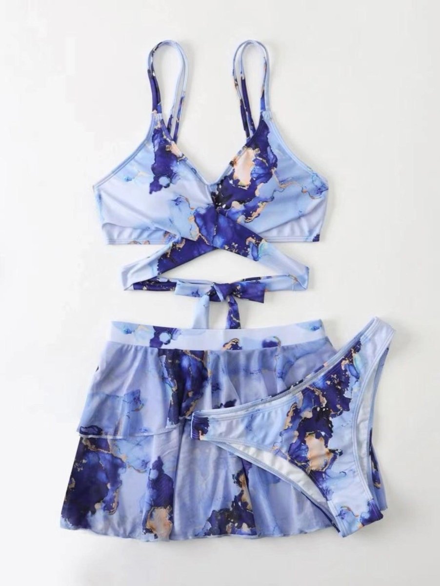 Exclusive Women's Marble Printed Three-piece Set Bikini — Blue — Size L — Lifestyle View