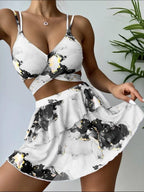 Exclusive Women's Marble Printed Three-piece Set Bikini — Blue — Size L — Top View