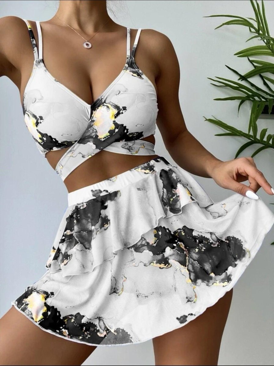 Exclusive Women's Marble Printed Three-piece Set Bikini — Blue — Size L — Top View