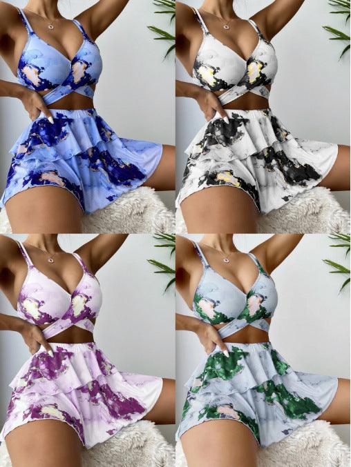 Exclusive Women's Marble Printed Three-piece Set Bikini — Blue — Size L — Side View