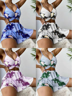 Exclusive Women's Marble Printed Three-piece Set Bikini — Blue — Size L — Side View