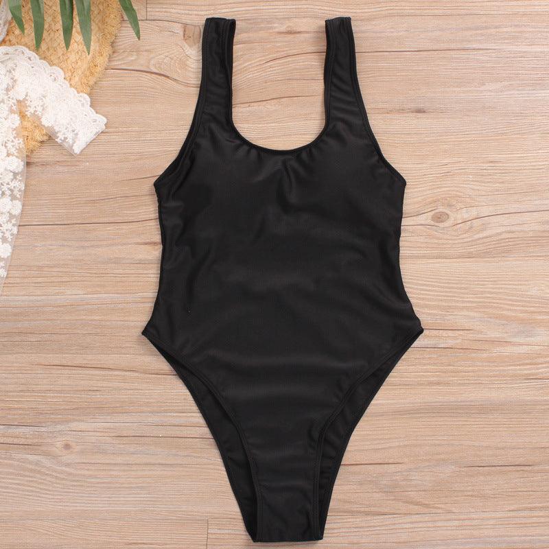 Exclusive Solid Color One-Piece Swimsuit | Timeless Elegance — Black — Size L — Detail View