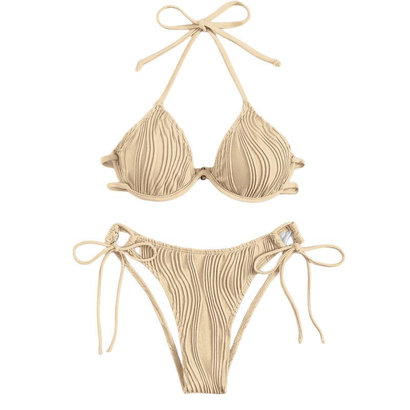 Exclusive Women's Split Sexy Bikini Swimsuit With Steel Bracket — Apricot — Size L — Detail View
