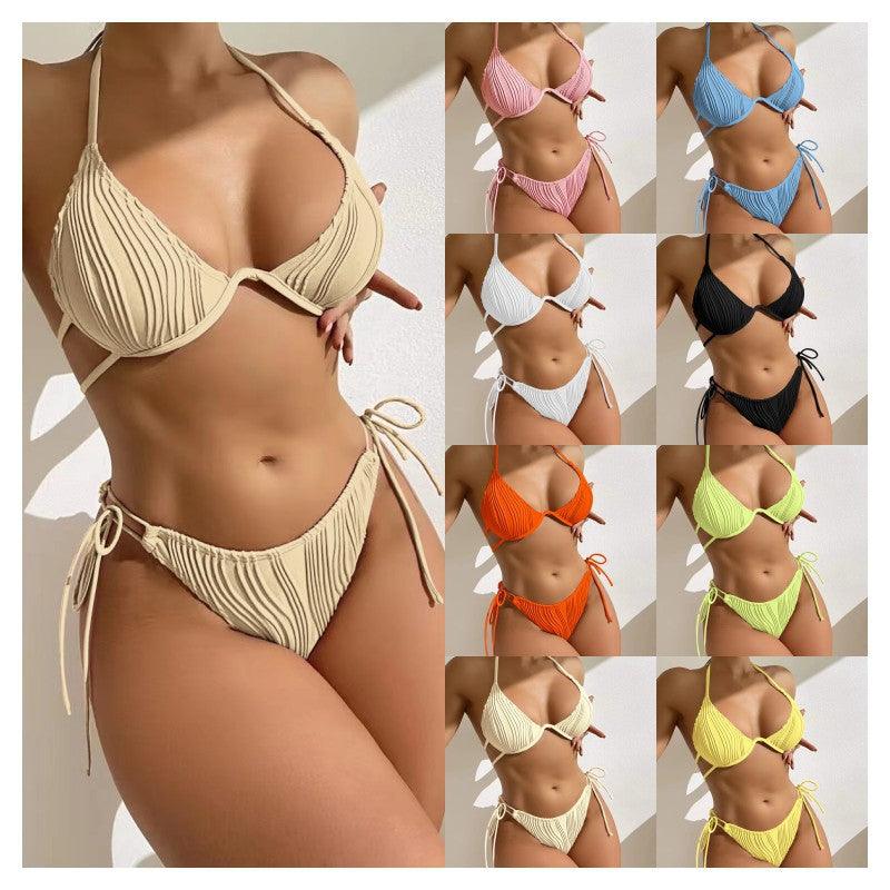 Exclusive Women's Split Sexy Bikini Swimsuit With Steel Bracket — Apricot — Size L — Front View
