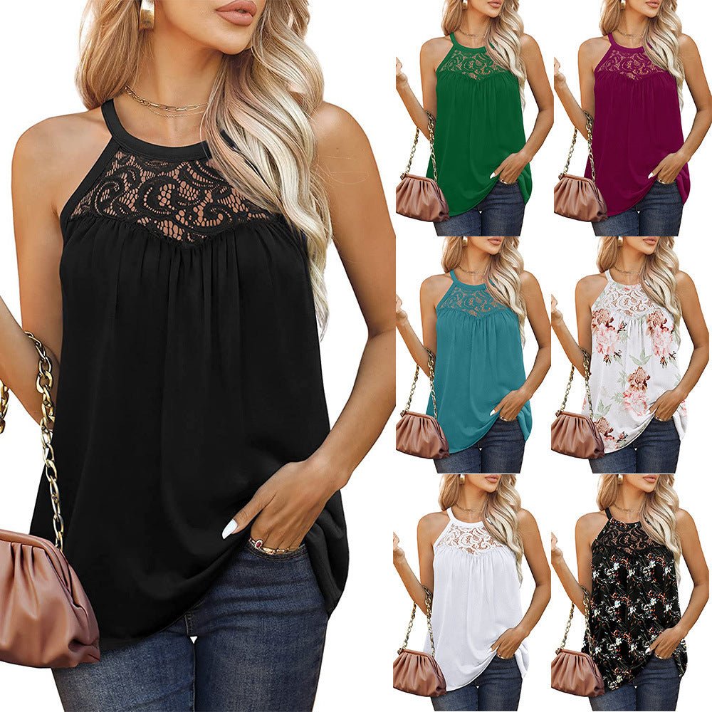 Exclusive Women's Loose Fit Tank Tops | Cotton Summer Sleeveless — Black flowers — Size 2XL — Front View