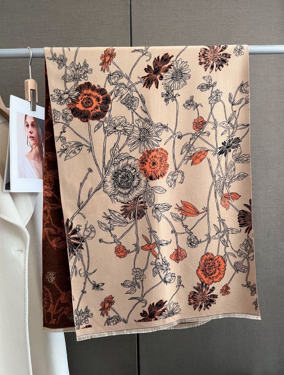 Exclusive Women's Thick Warm Printing Cashmere Scarf — FYR15 Beige Orange — Size 65x185cm — Alternate View 15