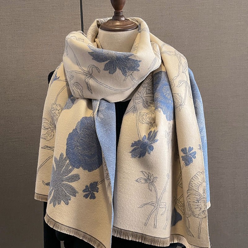 Exclusive Women's Thick Warm Printing Cashmere Scarf — FYR15 Beige Orange — Size 65x185cm — Side View