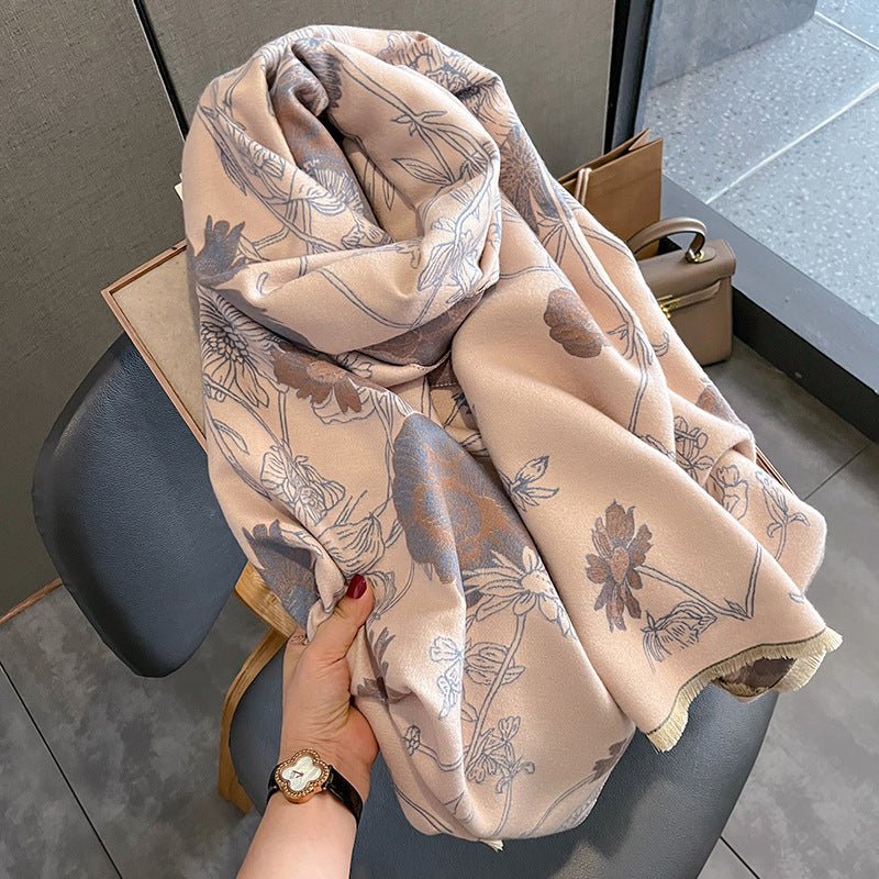 Exclusive Women's Thick Warm Printing Cashmere Scarf — FYR15 Beige Orange — Size 65x185cm — Detail View