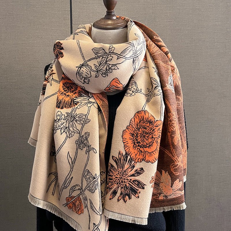 Exclusive Women's Thick Warm Printing Cashmere Scarf — FYR15 Beige Orange — Size 65x185cm — Lifestyle View