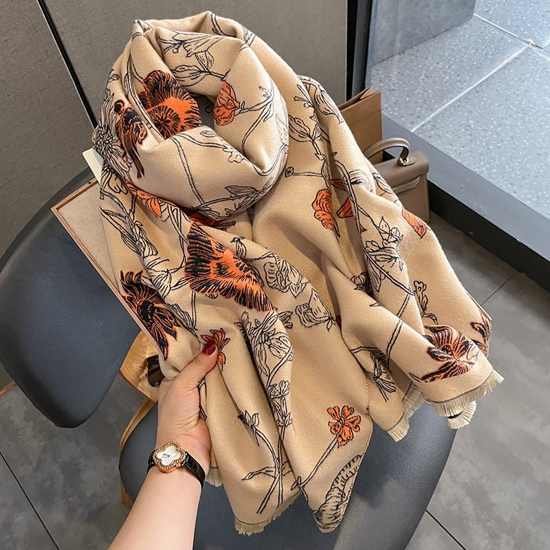 Exclusive Women's Thick Warm Printing Cashmere Scarf — FYR15 Beige Orange — Size 65x185cm — Front View