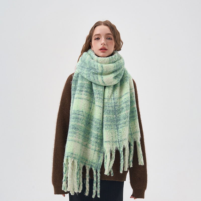 Exclusive Women's White And Green Plaid Scarf — Thick Green Plaid — Size 42x225cm — Front View