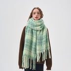 Exclusive Women's White And Green Plaid Scarf — Thick Green Plaid — Size 42x225cm — Front View