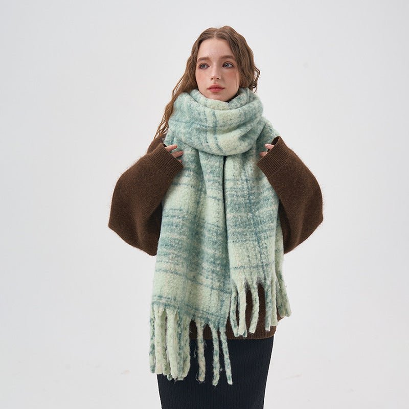 Exclusive Women's White And Green Plaid Scarf — Thick Green Plaid — Size 42x225cm — Detail View