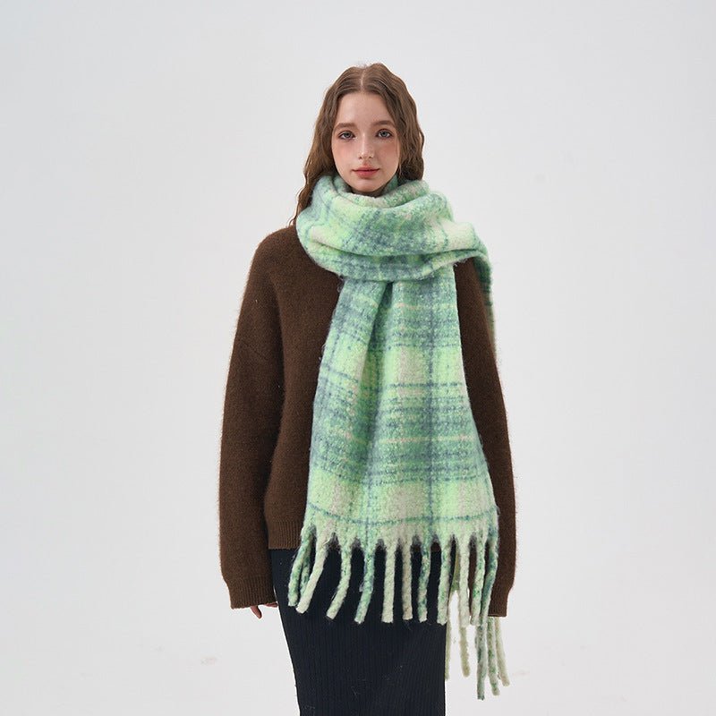 Exclusive Women's White And Green Plaid Scarf — Thick Green Plaid — Size 42x225cm — Back View