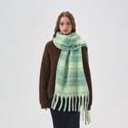 Exclusive Women's White And Green Plaid Scarf — Thick Green Plaid — Size 42x225cm — Back View