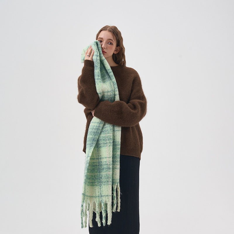 Exclusive Women's White And Green Plaid Scarf — Thick Green Plaid — Size 42x225cm — Top View