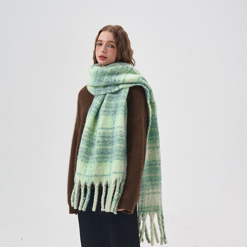 Exclusive Women's White And Green Plaid Scarf — Thick Green Plaid — Size 42x225cm — Lifestyle View