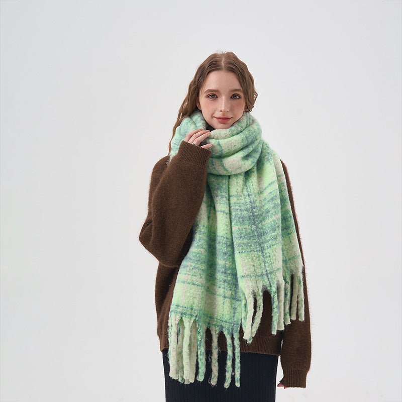 Exclusive Women's White And Green Plaid Scarf — Thick Green Plaid — Size 42x225cm — Side View