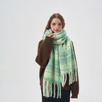 Exclusive Women's White And Green Plaid Scarf — Thick Green Plaid — Size 42x225cm — Side View