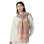 Exclusive Wool Scarf Winter Popular Women's Men's Thickening Minimalist Plaid — Camel Gray Grid — Size 180x30CM — Side View