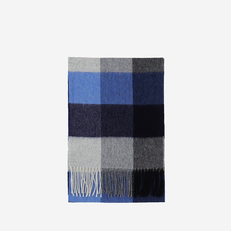Exclusive Wool Scarf Winter Popular Women's Men's Thickening Minimalist Plaid — Camel Gray Grid — Size 180x30CM — Top View