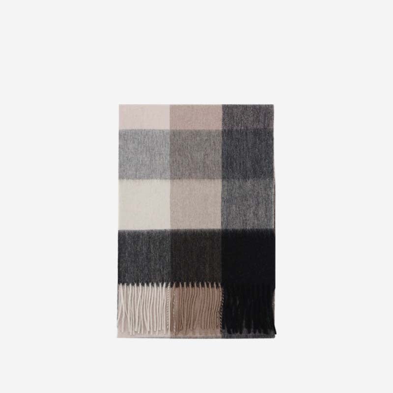 Exclusive Wool Scarf Winter Popular Women's Men's Thickening Minimalist Plaid — Camel Gray Grid — Size 180x30CM — Lifestyle View