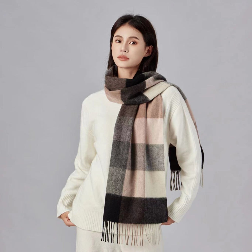 Exclusive Wool Scarf Winter Popular Women's Men's Thickening Minimalist Plaid — Camel Gray Grid — Size 180x30CM — Front View