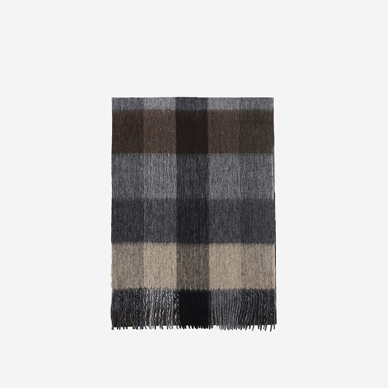 Exclusive Wool Scarf Winter Popular Women's Men's Thickening Minimalist Plaid — Camel Gray Grid — Size 180x30CM — Back View