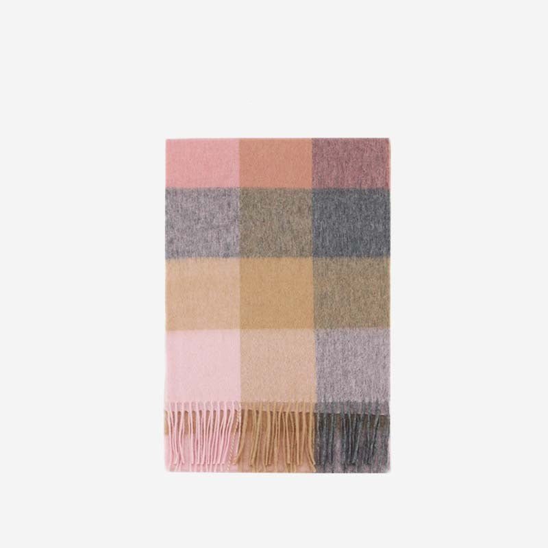 Exclusive Wool Scarf Winter Popular Women's Men's Thickening Minimalist Plaid — Camel Gray Grid — Size 180x30CM — Detail View