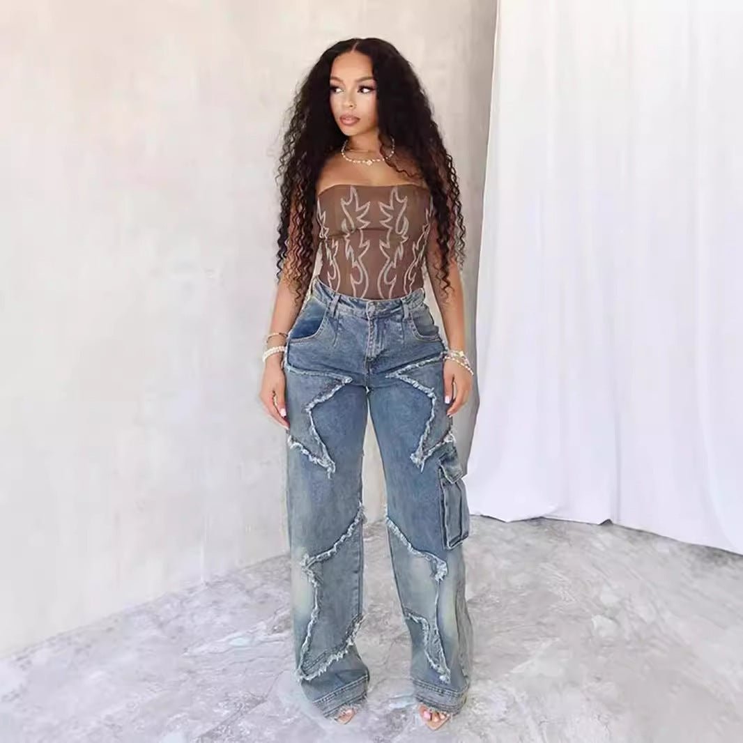 Exclusive Fringed Burr Loose Straight Casual Pants — Retro Blue — Size S — Front View