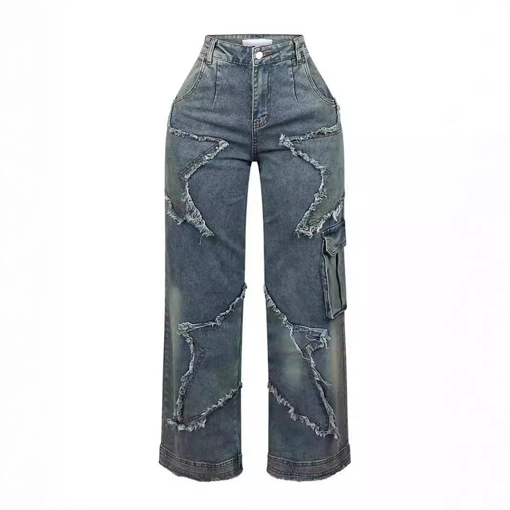 Exclusive Fringed Burr Loose Straight Casual Pants — Retro Blue — Size S — Lifestyle View