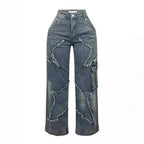 Exclusive Fringed Burr Loose Straight Casual Pants — Retro Blue — Size S — Lifestyle View