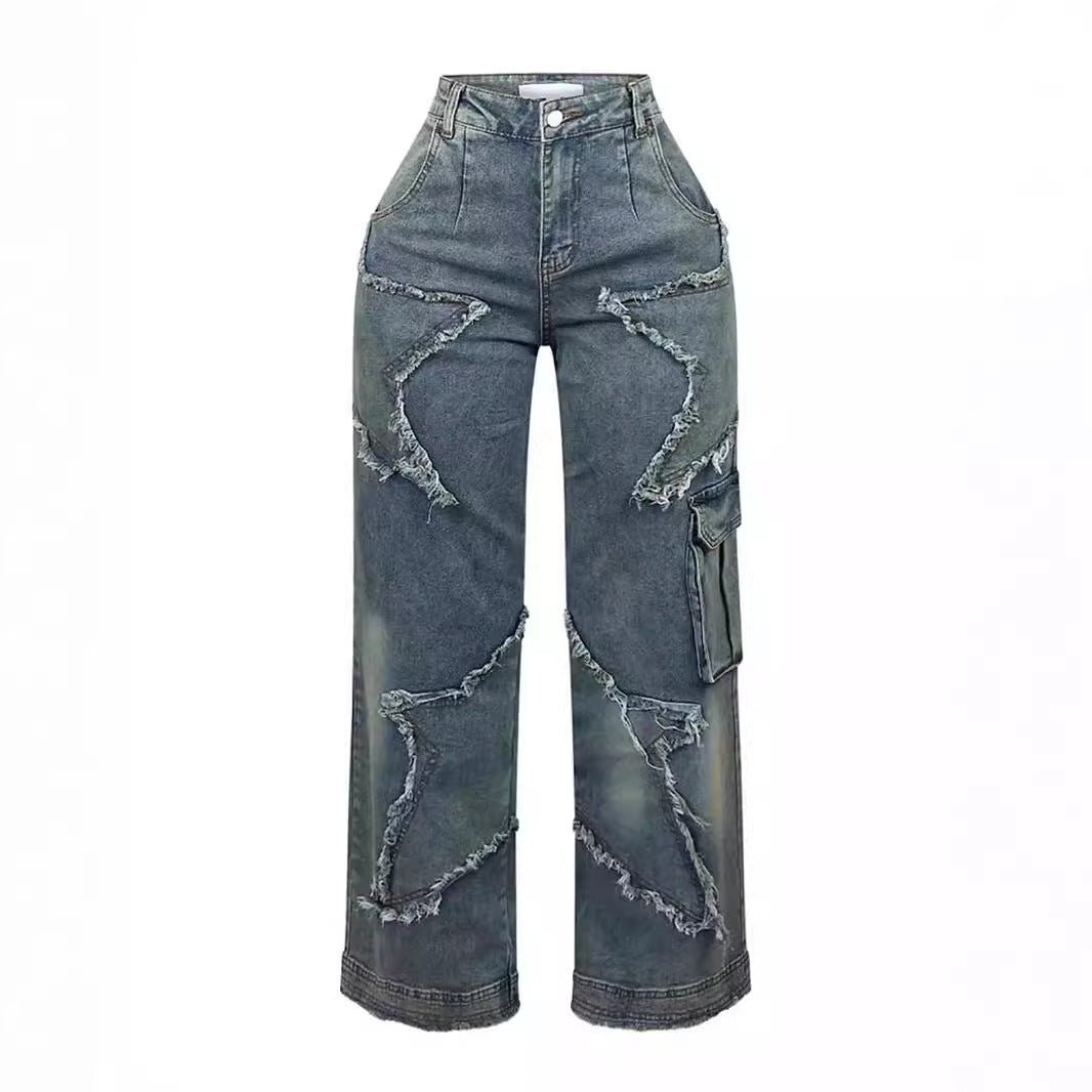Exclusive Fringed Burr Loose Straight Casual Pants — Retro Blue — Size S — Lifestyle View