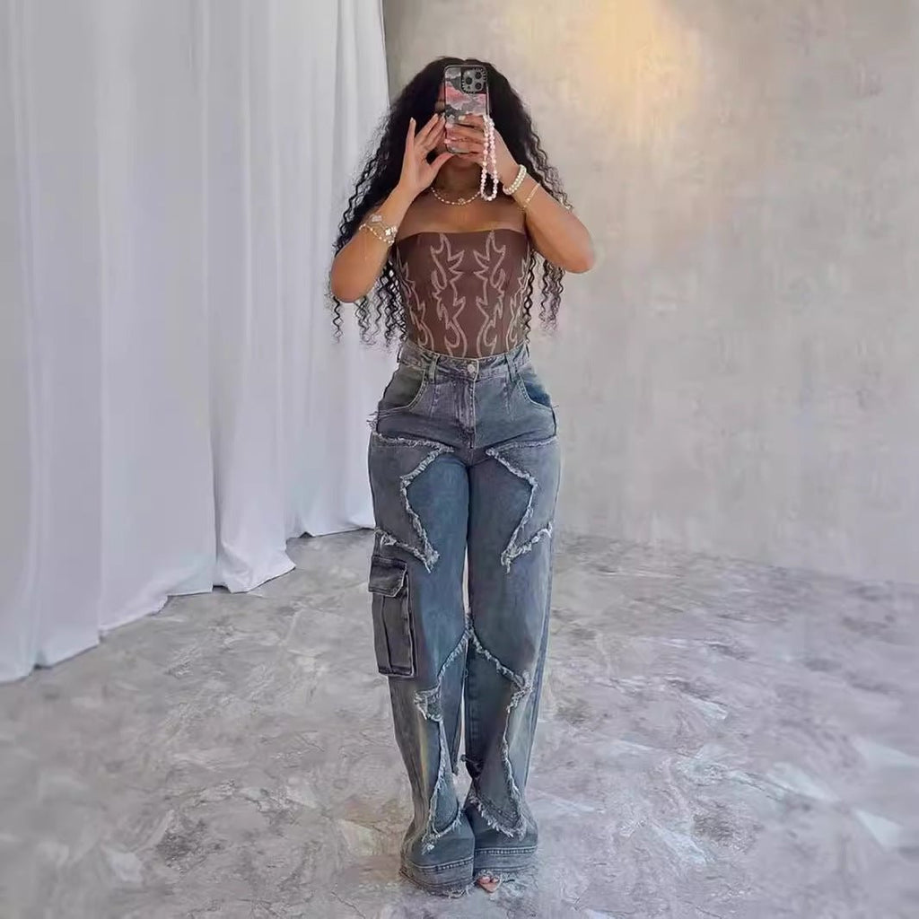 Exclusive Fringed Burr Loose Straight Casual Pants — Retro Blue — Size S — Back View