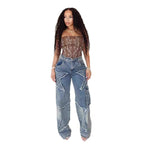 Exclusive Fringed Burr Loose Straight Casual Pants — Retro Blue — Size S — Top View