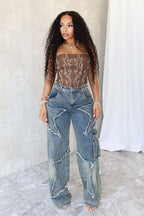 Exclusive Fringed Burr Loose Straight Casual Pants — Retro Blue — Size S — Detail View